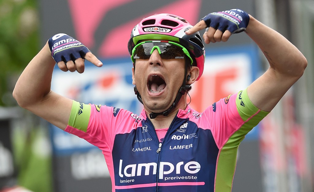 Italian rider Diego Ulissi of the team Lampre-Merida celebrates as he crosses the finish line to win the seventh stage of the 98th Giro d'Italia cycling tour over 264 km from Grosseto to Fiuggi, Italy, 15 May 2015. ANSA/DANIEL DAL ZENNARO