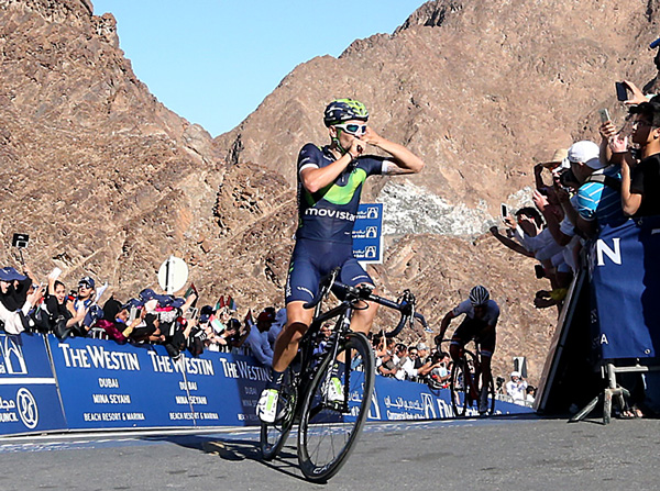 Juan Jose Lobato (Movistar Team) vince a Hatta la terza tappa del Dubai Tour (foto ANSA)