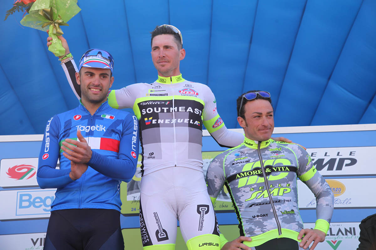Il podio della prima tappa della Settimana Coppi e Bartali 2016