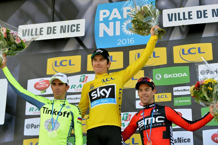 Il podio finale della Parigi-Nizza 2016 con Alberto Contador (Tinkoff), secondo, Geraint Thomas (Team Sky), primo, e Richie Porte (BMC), terzo 