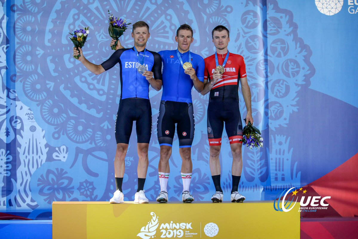 Il podio della prova in linea maschile degli European Games Minsk 2019 (foto Anton Vos/BettiniPhoto)