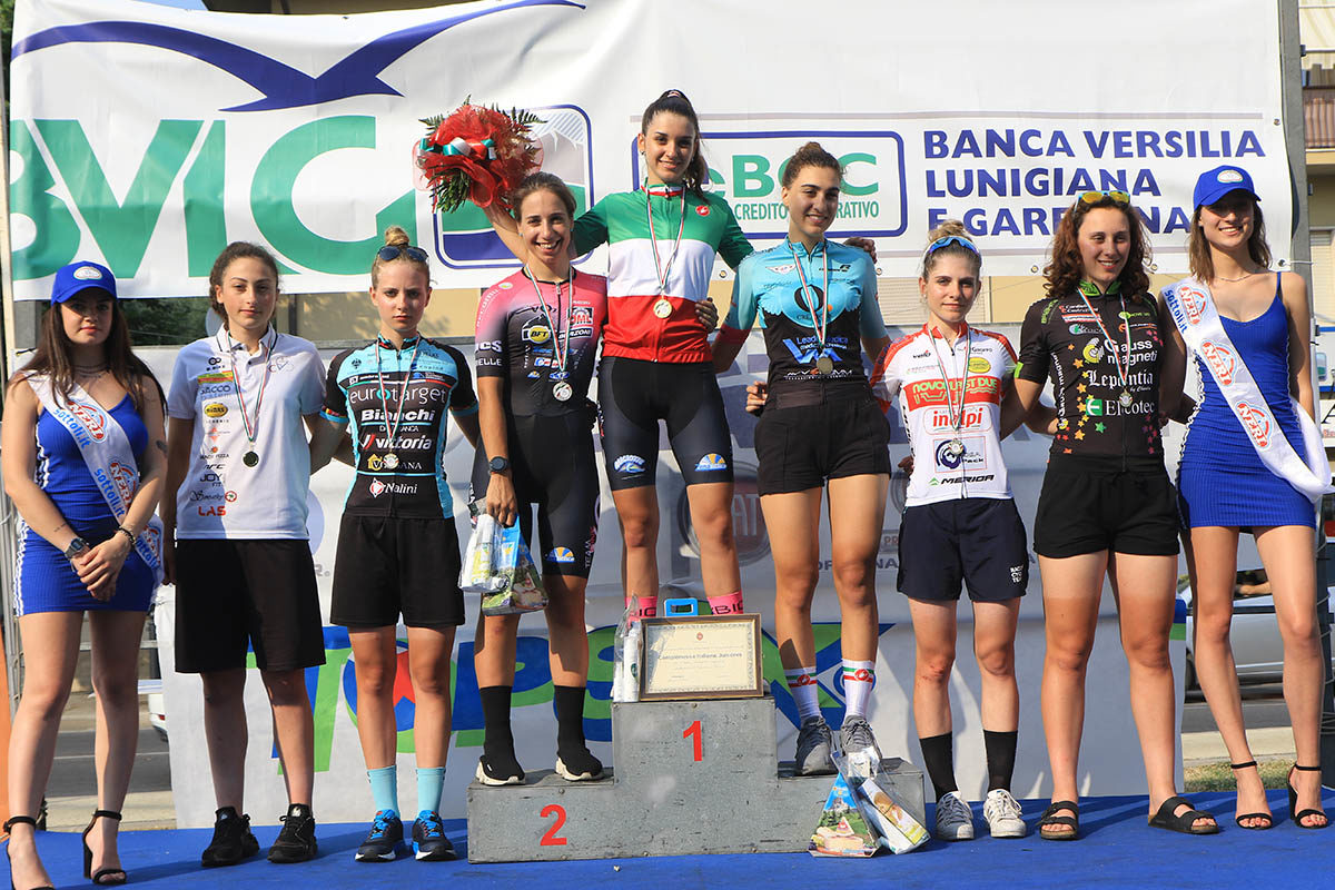 Il podio del Campionato Italiano Donne Junior a cronometro vinto da Eleonora Gasparrini (foto Fabiano Ghilardi)