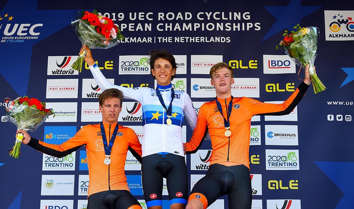 Il podio del Campionato Europeo a cronometro Juniores 2019 (foto Rodella)