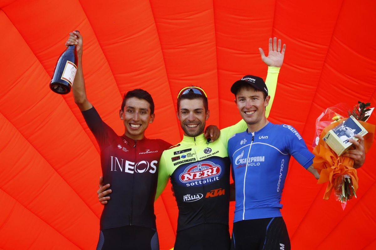Il podio del Giro della Toscana 2019 (foto BettiniPhoto)