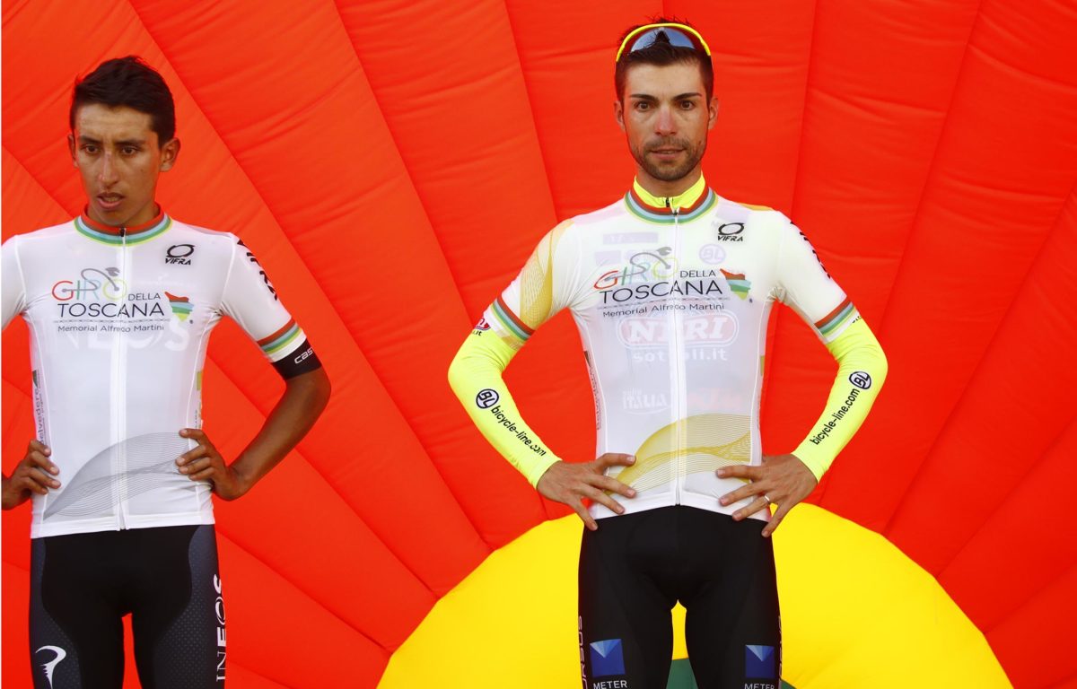 Giovanni Visconti ed Egan Bernal con le rispettive maglie di classifica al Giro della Toscana 2019 (foto BettiniPhoto)