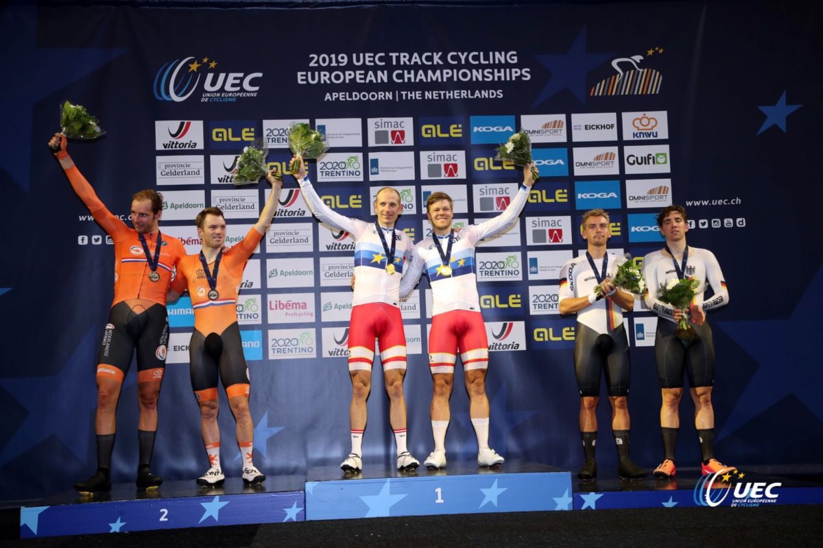 Il podio dell'Europeo Madison maschile 2019 (foto UEC/BettiniPhoto)