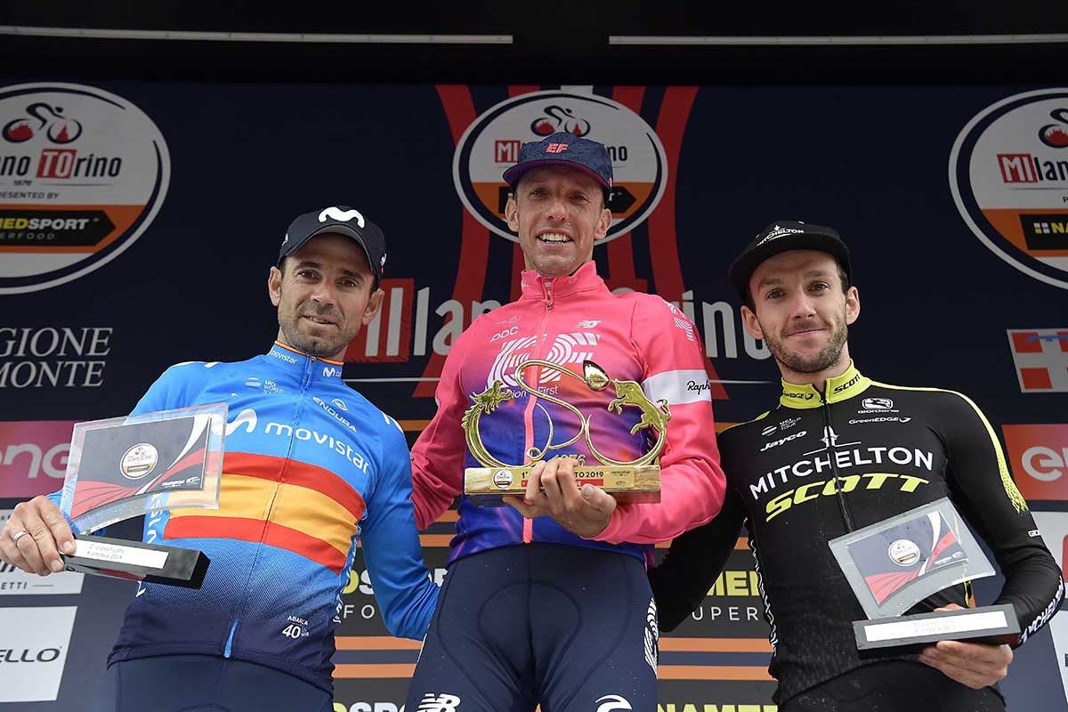 Il podio della Milano-Torino 2019 (foto LaPresse)