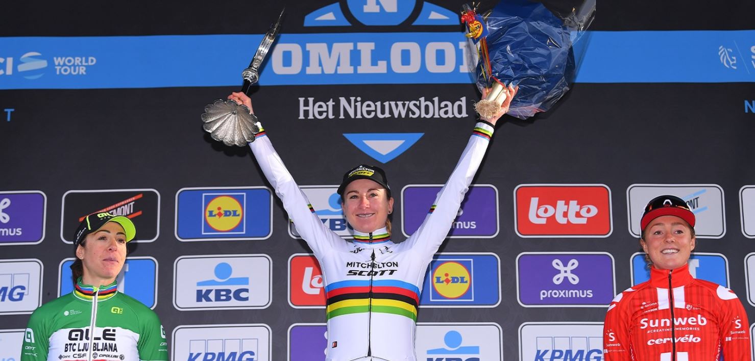 Il podio della Omloop Het Nieuwsblad femminile 2020