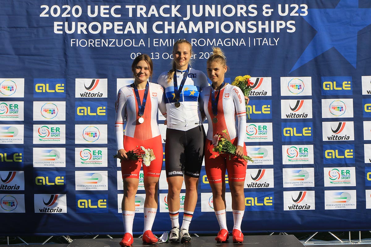 Il podio dell'Europeo Keirin Donne U23 a Fiorenzuola (foto Fabiano Ghilardi)