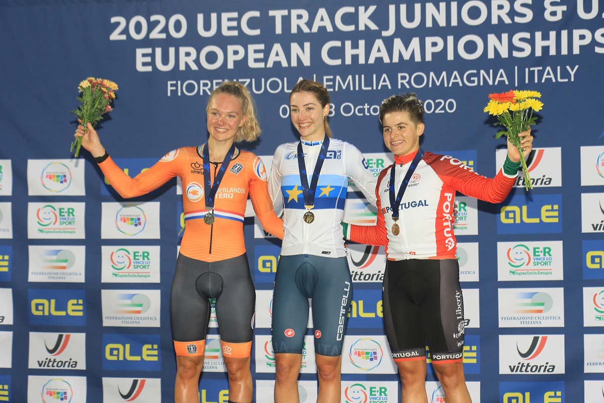 Il podio del Campionato Europeo Scratch Donne U23 (foto Fabiano Ghilardi)