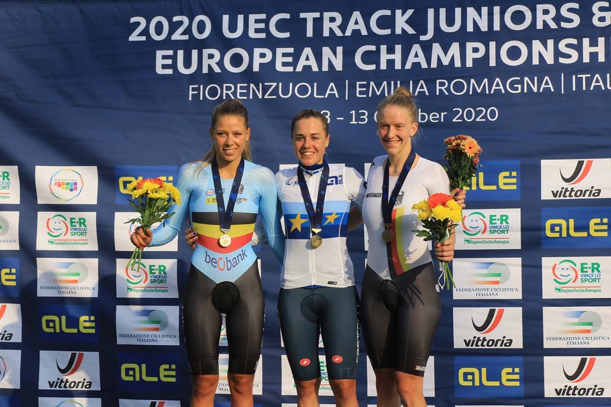 Il podio dell'Europeo Corsa a punti Donne U23 a Fiorenzuola (foto Fabiano Ghilardi)