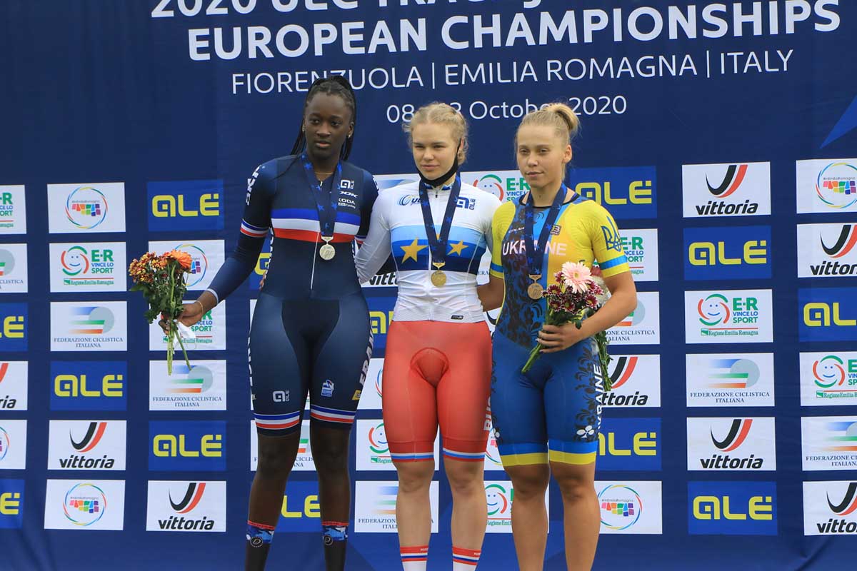 Il podio dell'Europeo Keirin Donne Junior a Fiorenzuola (foto Fabiano Ghilardi)