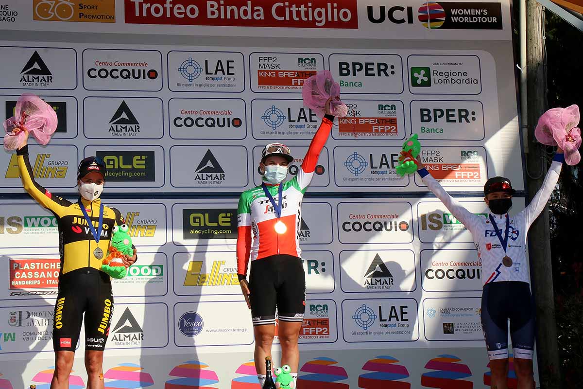 Il podio del Trofeo Binda 2021 vinto da Elisa Longo Borghini (foto Sportfoto.nl)