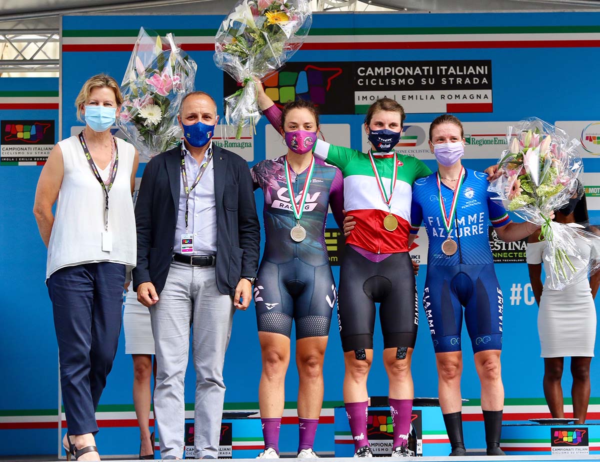 Il podio del Campionato Italiano a cronometro Donne Elite 2021 a Faenza (foto Photobicicailotto)