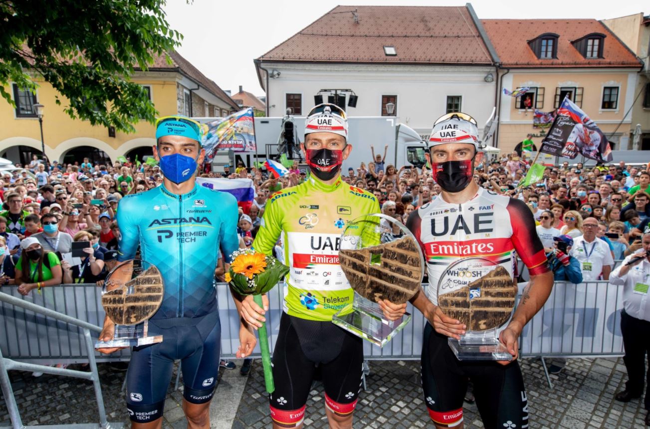 Il podio finale del Giro di Slovenia 2021 con Pogacar, Ulissi e Sobrero (foto Sportida/Tour of Slovenia)