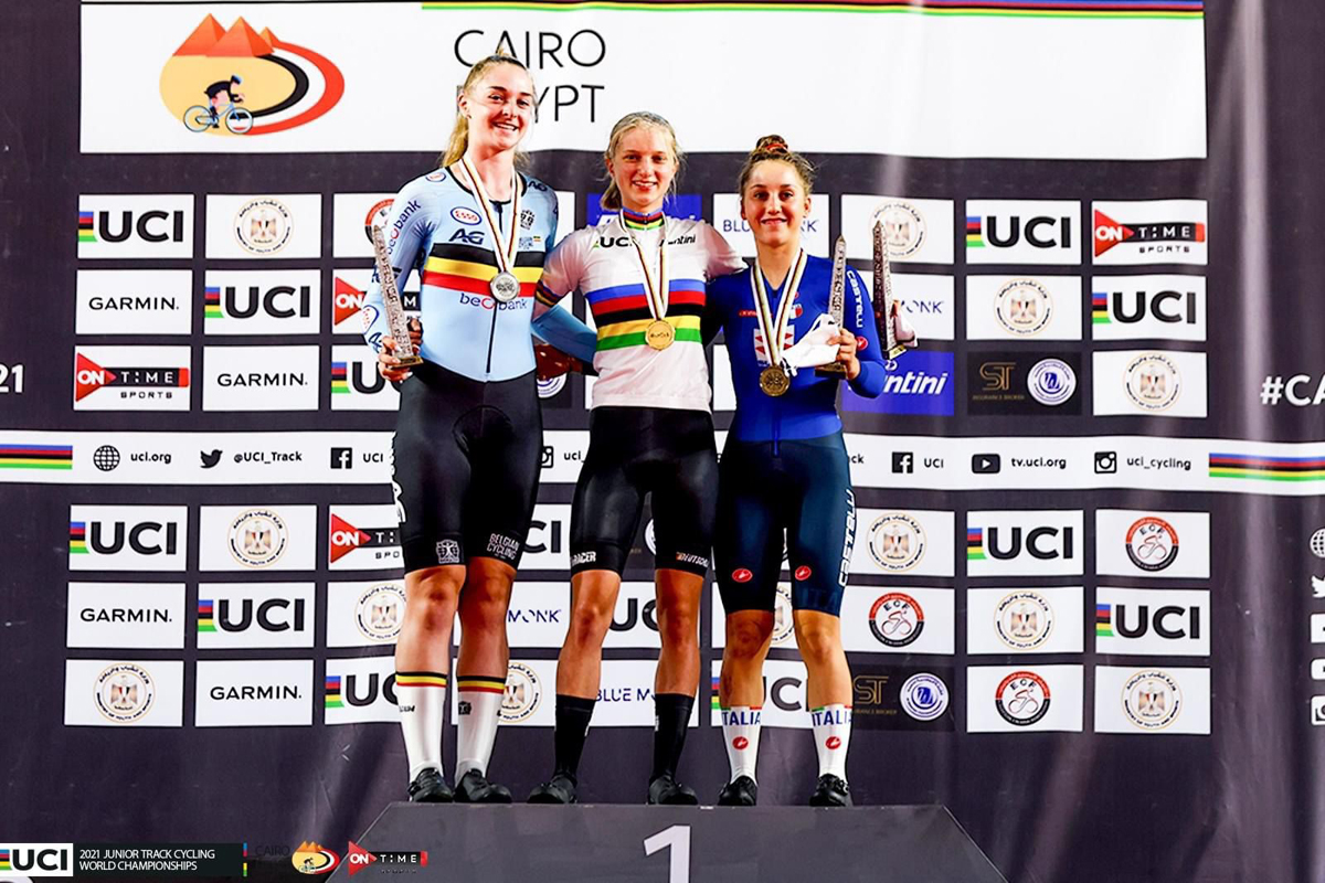 Il podio del Mondiale Donne Junior Scratch