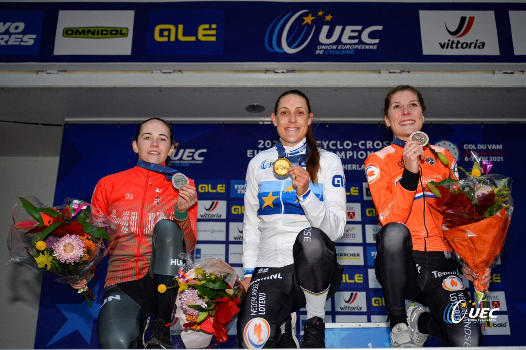 Il podio del Campionato Europeo ciclocross Donne Elite 2021 a Col du Vam (foto UEC/BettiniPhoto)