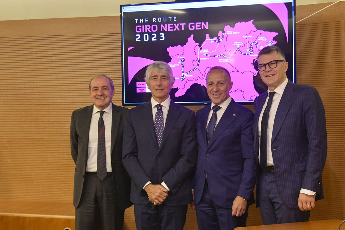 Vegni, Abodi, Dagnoni e Bellino alla presentazione del Giro Next Gen 2023 - credit LaPresse