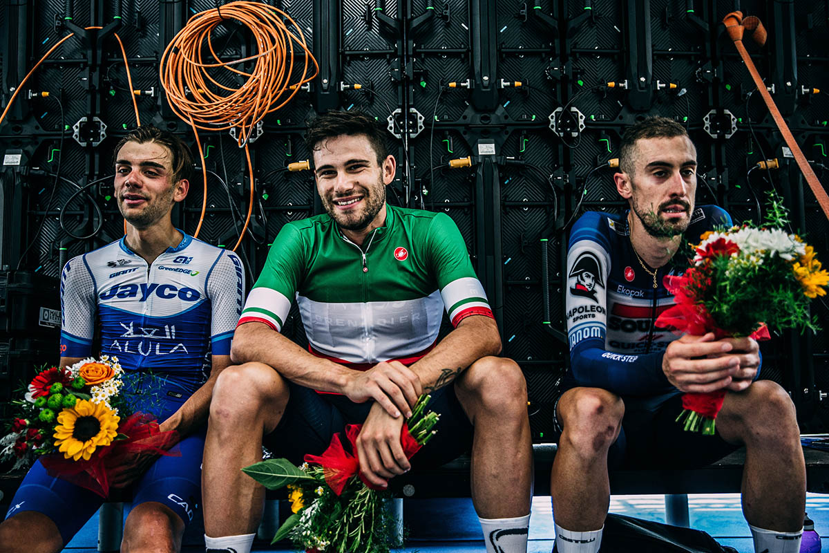Il podio degli Italiani a cronometro Elite a Comano Terme - credit Tornanti.cc
