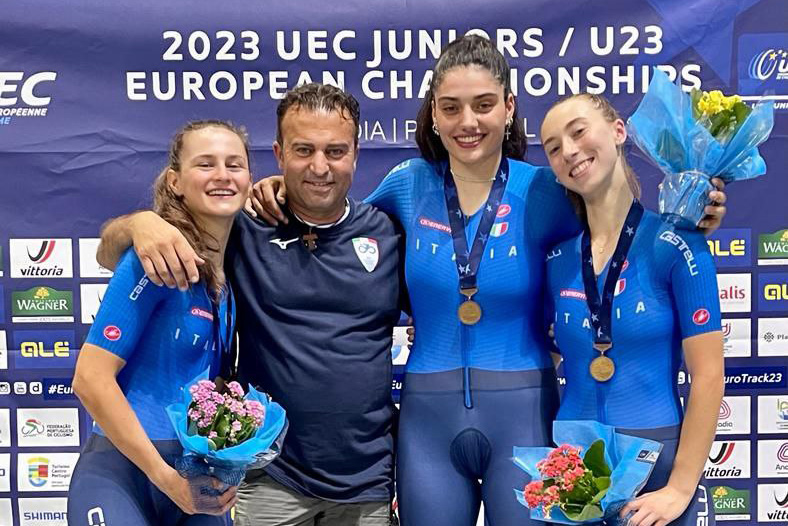 Il terzetto azzurro del Team Sprint, che ha vinto il bronzo agli Europei pista JRS:U23 - credit Federciclismo