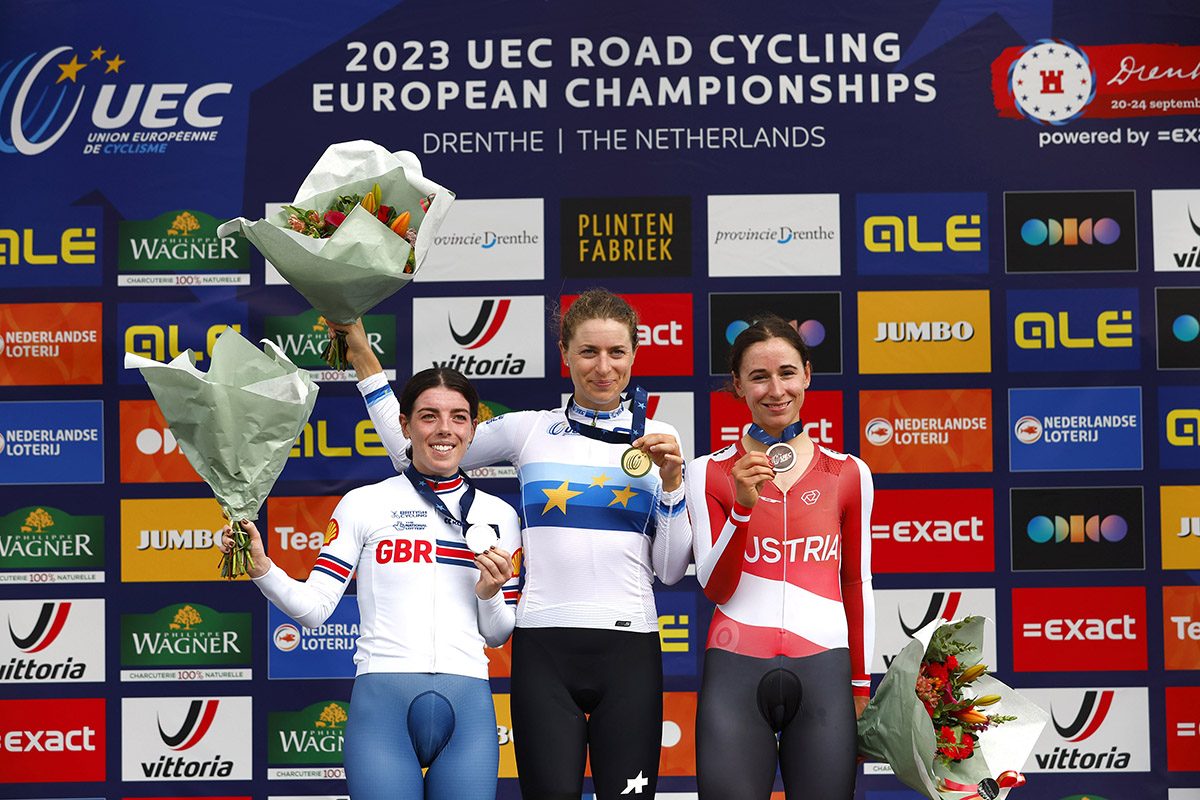 Il podio della cronometro donne elite degli Europei di Drenthe 2023 - credit Sprint Cycling Agency