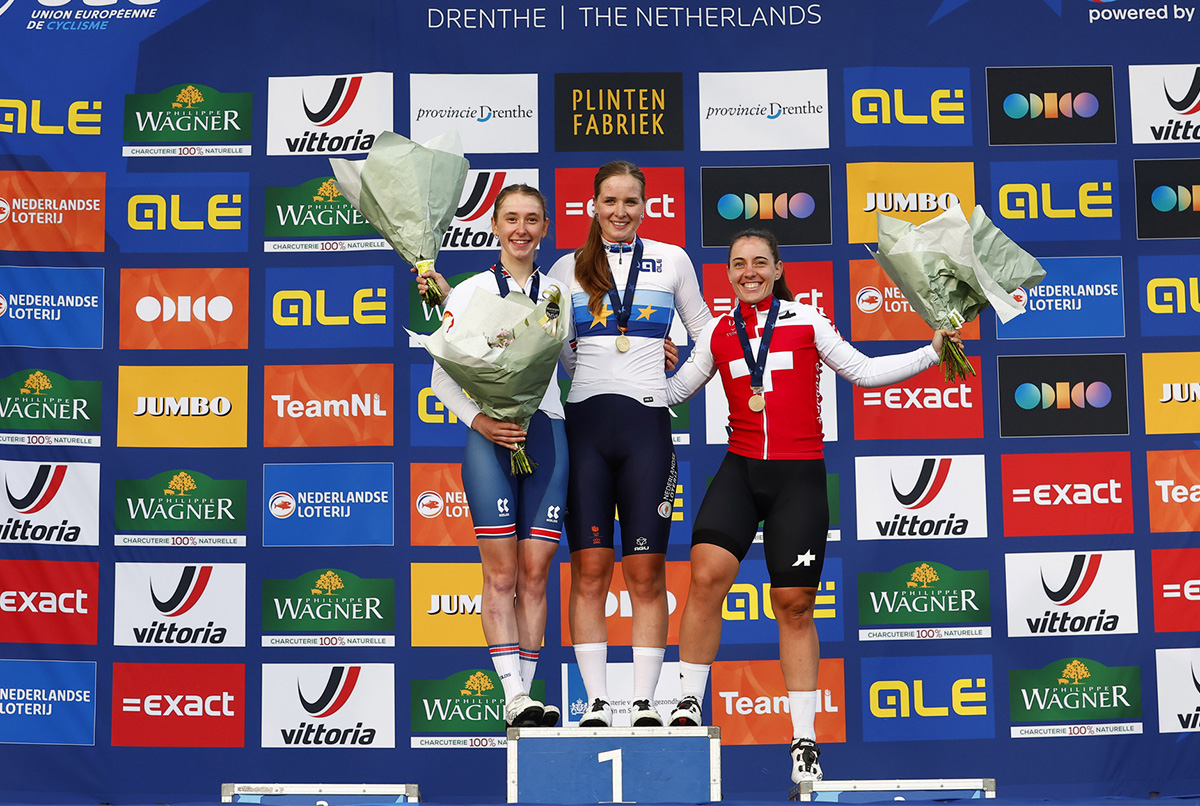 Il podio delle donne U23 ai Campionati europei di Col du Vam - credit Sprint Cycling Agency