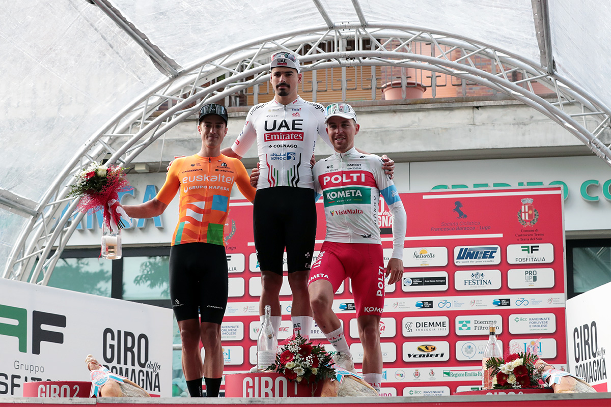 Il podio dell'87° Giro della Romagna Pro, con Antonio Morgado sul gradino più alto - credit Lucia Trentini