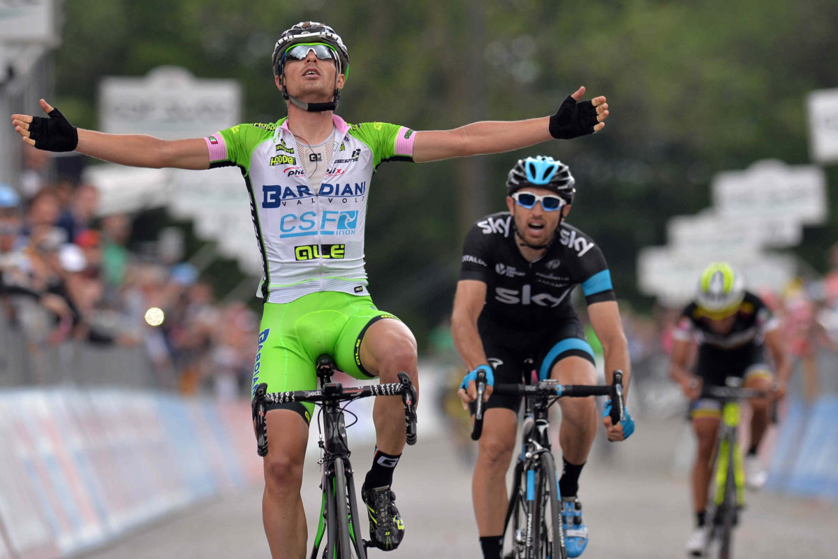 Enrico Battaglin vince ad Oropa la tappa 14 del Giro d'Italia 2014 (foto LaPresse)