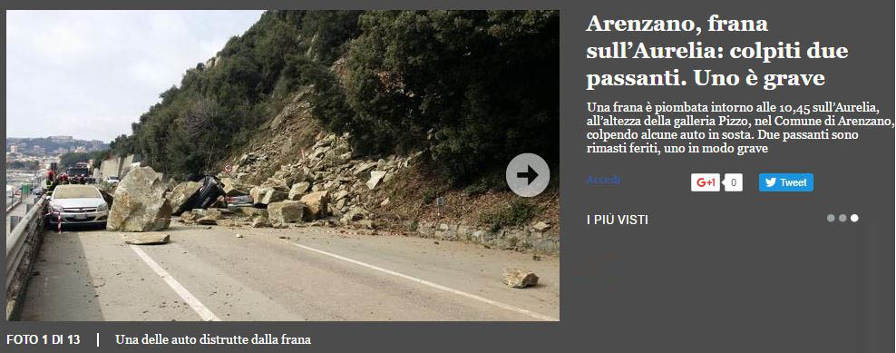 La frana sull'Aurelia, foto tratta dal sito del Secolo XIX
