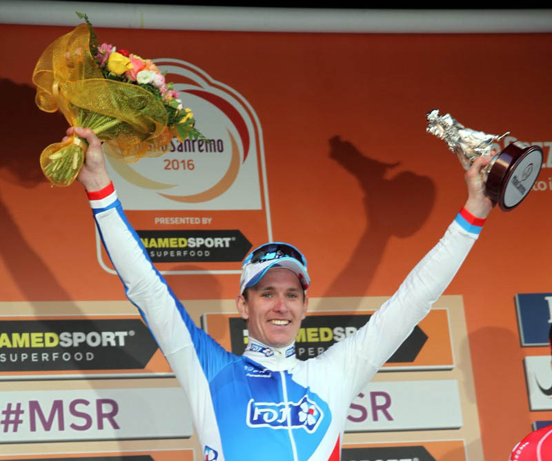 Il sorriso del vincitore della Milano-Sanremo 2016, Arnaud Démare
