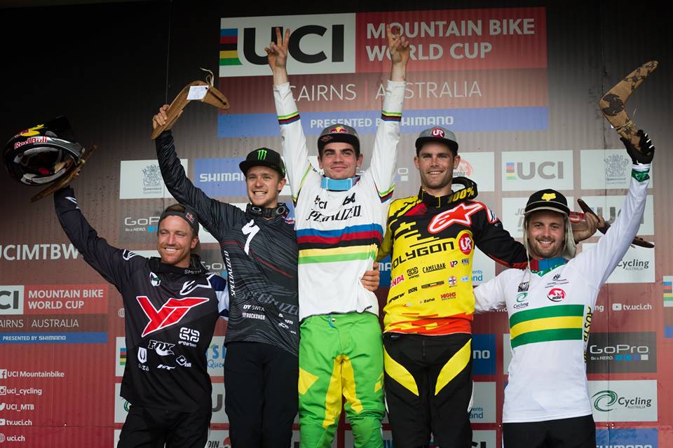 Il podio maschile della prova di Coppa del Mondo Downhill di Cairns (Australia)