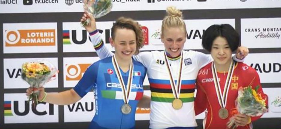 Il podio del Keirin femminile con Gloria Manzoni medaglia d'argento