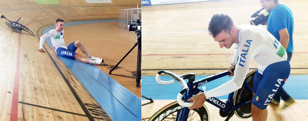 Elia Viviani in allenamento al Velodromo di Montichiari