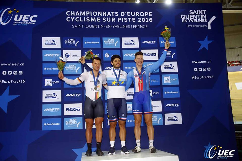 Il podio degli Europei Pista Km da fermo maschile
