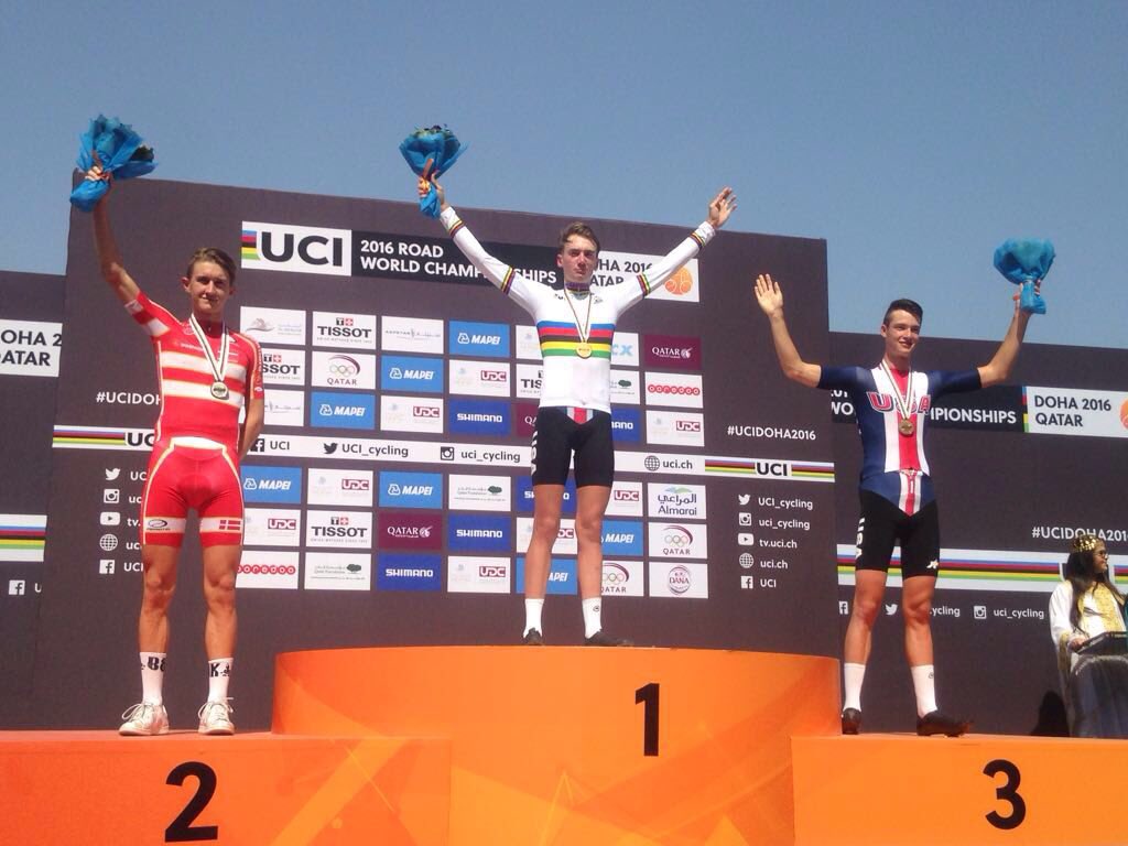 Il podio del Mondiale a cronometro Juniores di Doha 2016