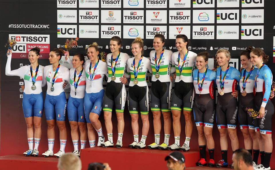 Il podio dell'Inseguimento a squadre femminile di Cali