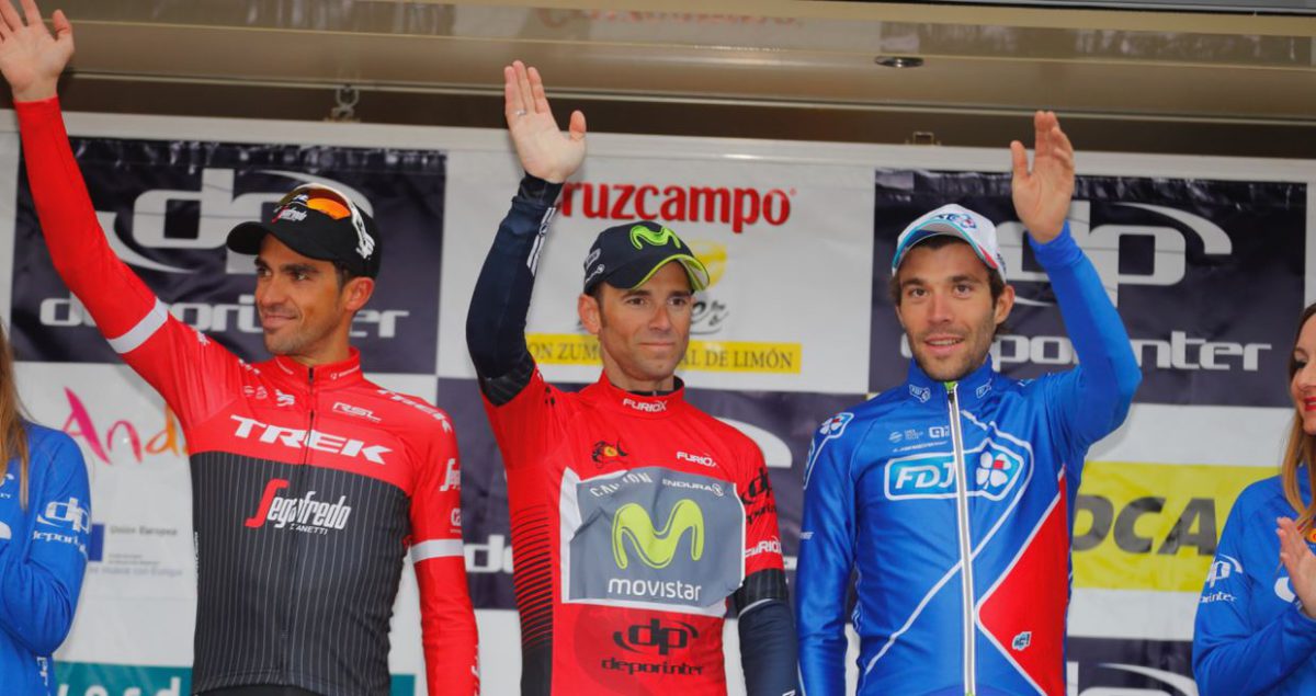 Il podio finale della Vuelta a Andalucia 2017 con Valverde, Contador e Pinot