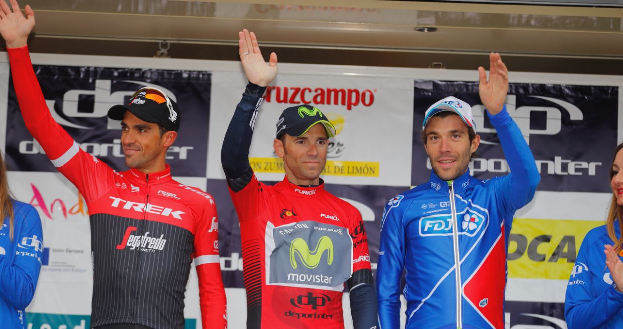Il podio finale della Vuelta a Andalucia 2017 con Valverde, Contador e Pinot