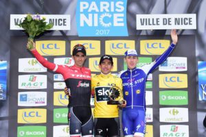 Il podio finale della Parigi-Nizza 2017 vinta da Sergio Henao