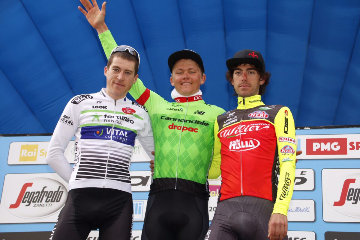 Il podio della seconda tappa della Settimana Coppi e Bartali 2017