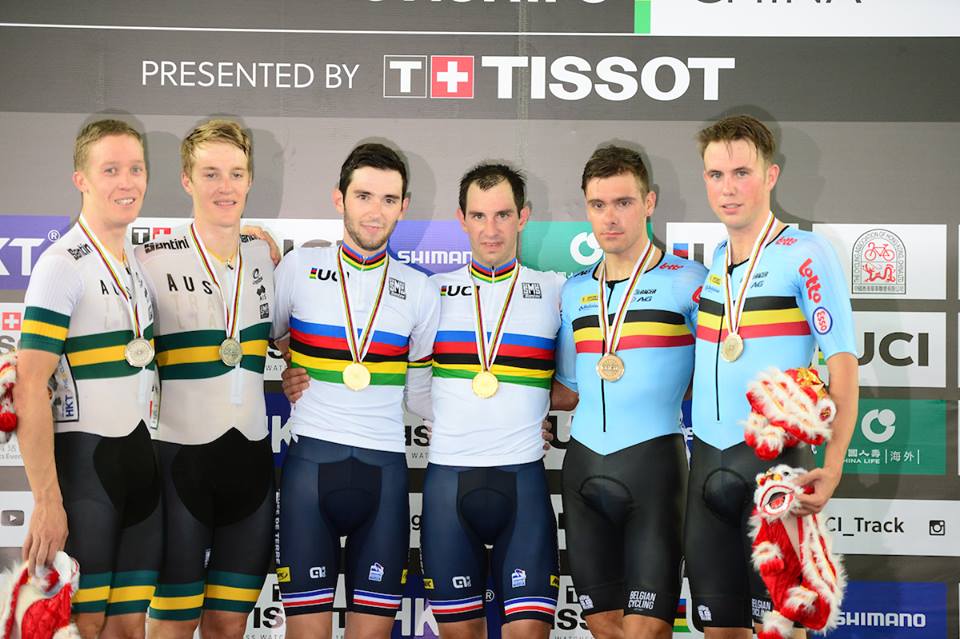 Il podio del Mondiale Madison maschile di Hong Kong