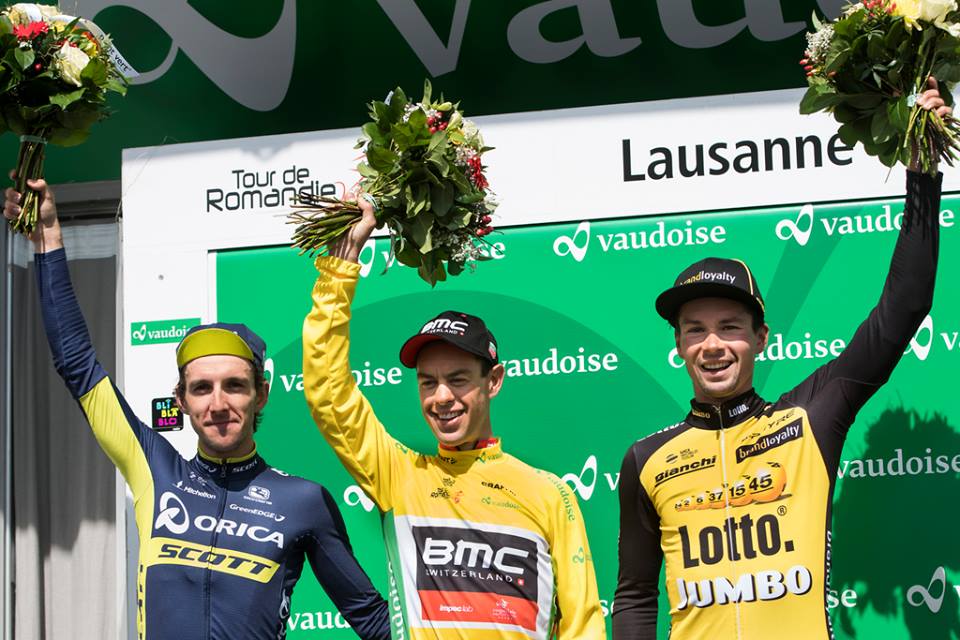 Il podio finale del Tour de Romandie 2017 vinto da Richie Porte