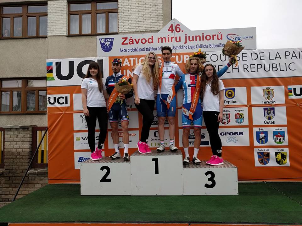 Il podio della seconda semitappa della seconda tappa della Corsa della Pace 2017 vinta da Davide Ferrari