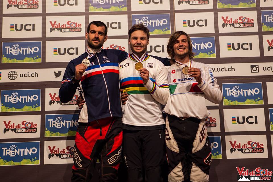 Il podio maschile del Mondiale 4X 2017 in Val di Sole