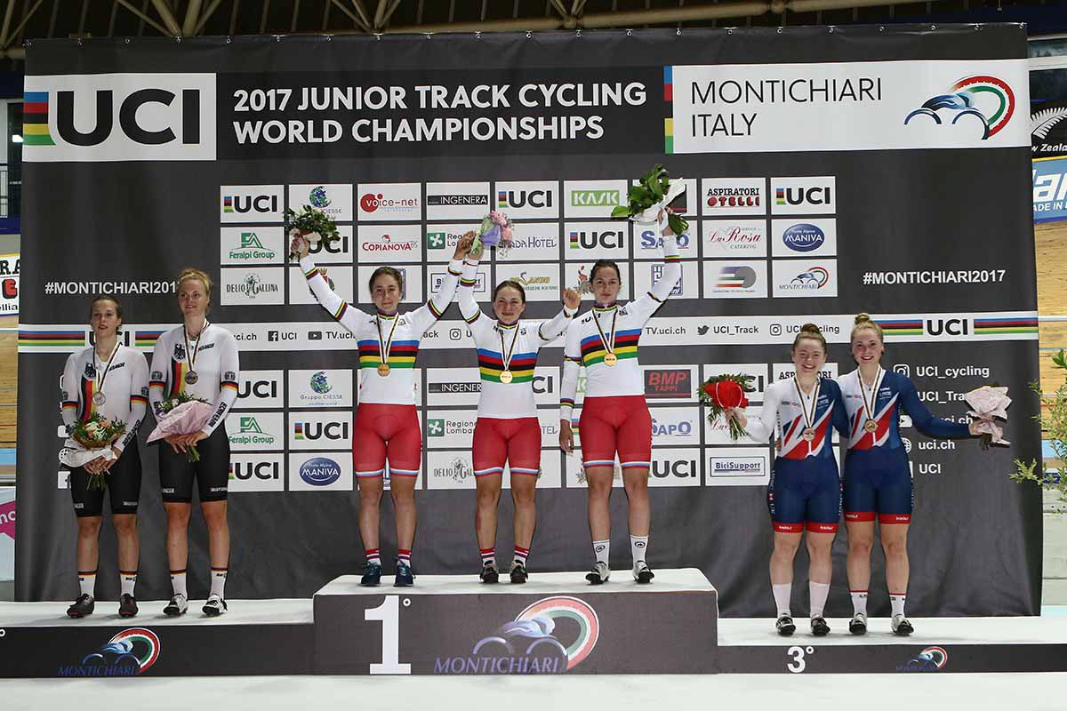 Il podio del Mondiale della Velocità a squadre Donne Junior 2017 vinto dalla Russia