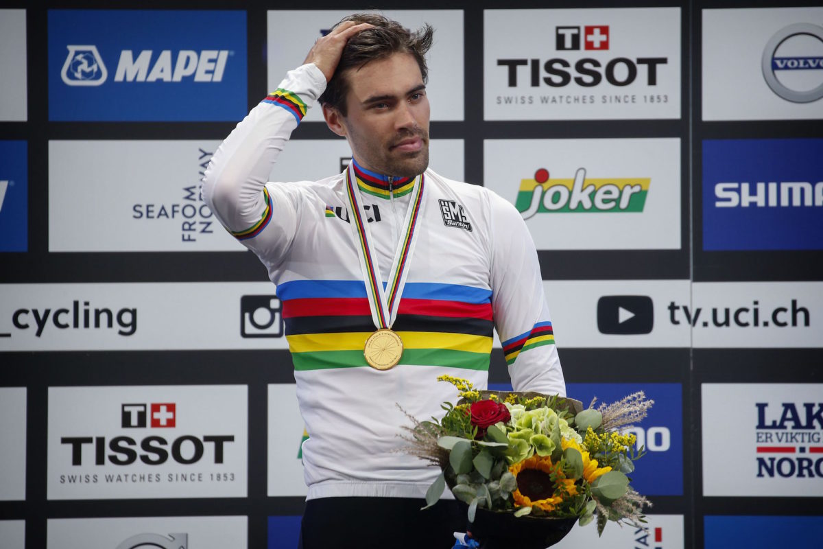 Tom Dumoulin sul podio del Mondiale a cronometro professionisti (foto Cor Vos)
