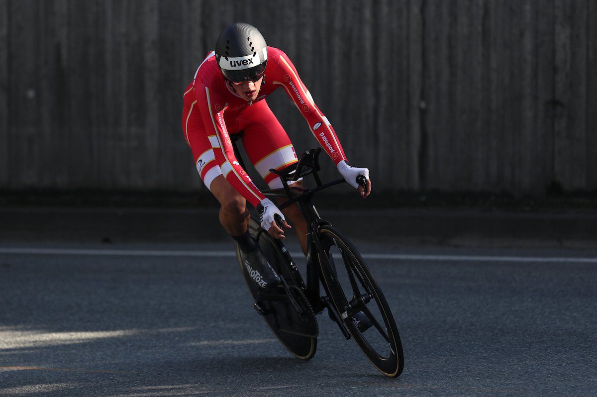 Il giovane danese Mikkel Bjerg in azione al Mondiale crono