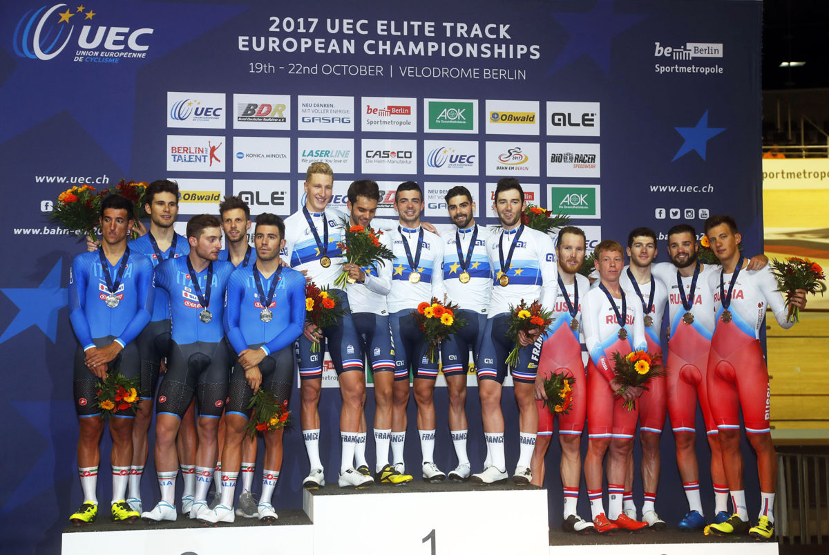 Il podio del Campionato Europeo Inseguimento a squadre 2017