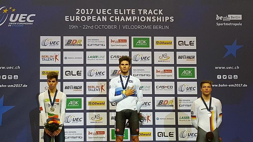 Il podio con Filippo Ganna campione europeo dell'Inseguimento a Berlino