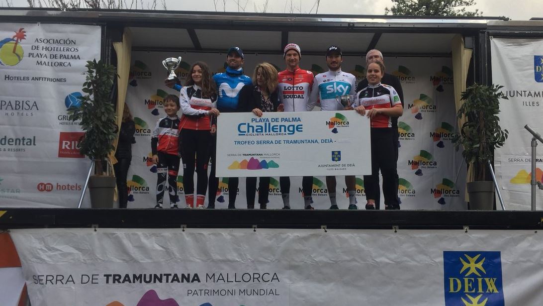 Il podio del Trofeo Serra de Tramuntana 2018 vinto da Tim Wellens